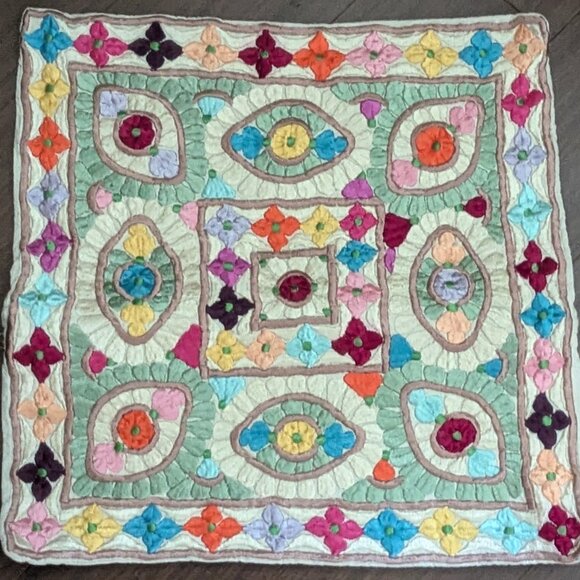 Vibrant Colors Embroidered Satin Pillow Cover - 15.5" Square - Pre Owned - Picture 1 of 3